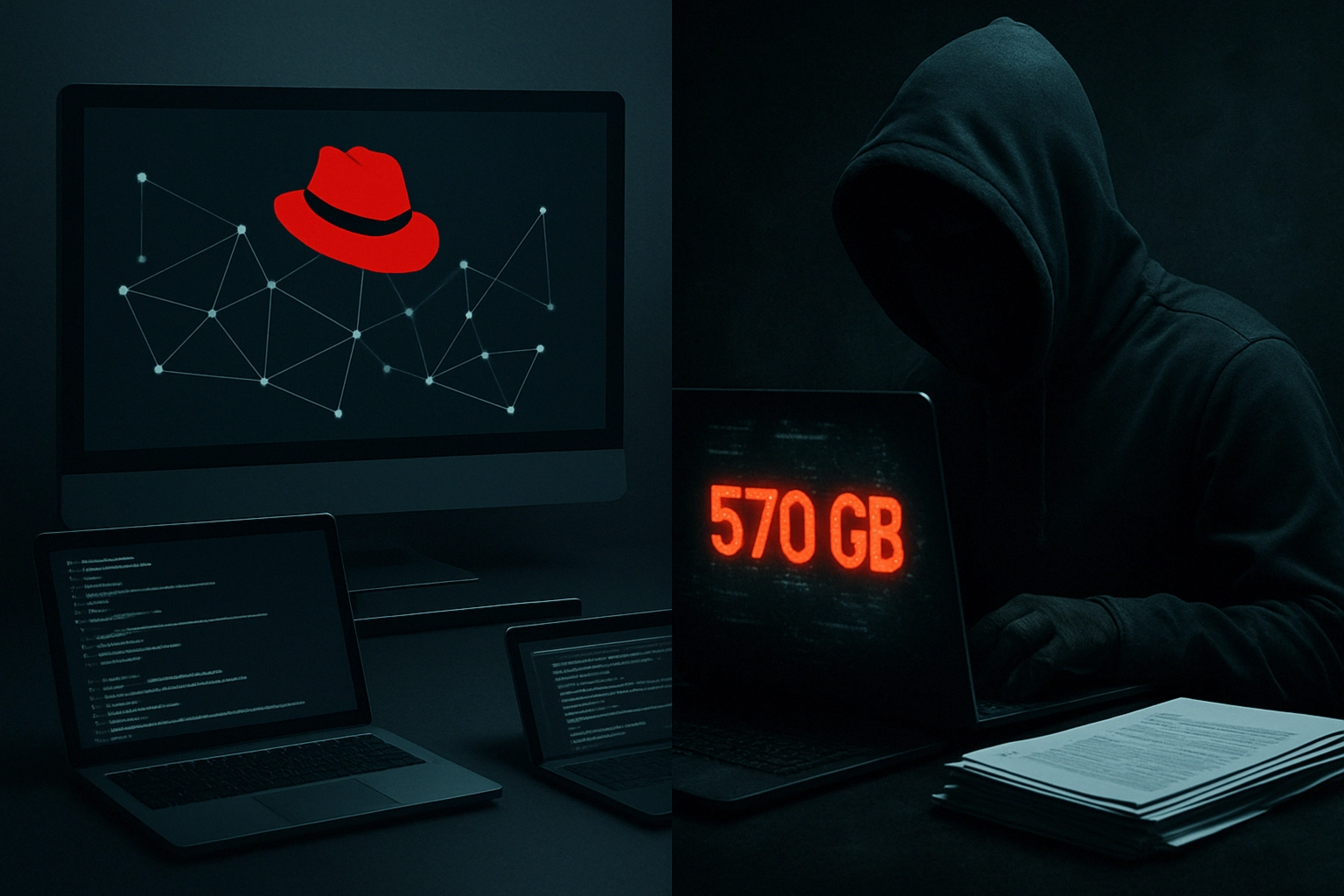 Roter Hut auf einem Computerbildschirm, dunkle Atmosphäre mit Hacker.
