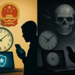 China Alleges NSA Targeted National Time Service Center: What It Means for Critical Infrastructure Silhouetted figure holding a phone, laptop displaying symbols of security and danger.