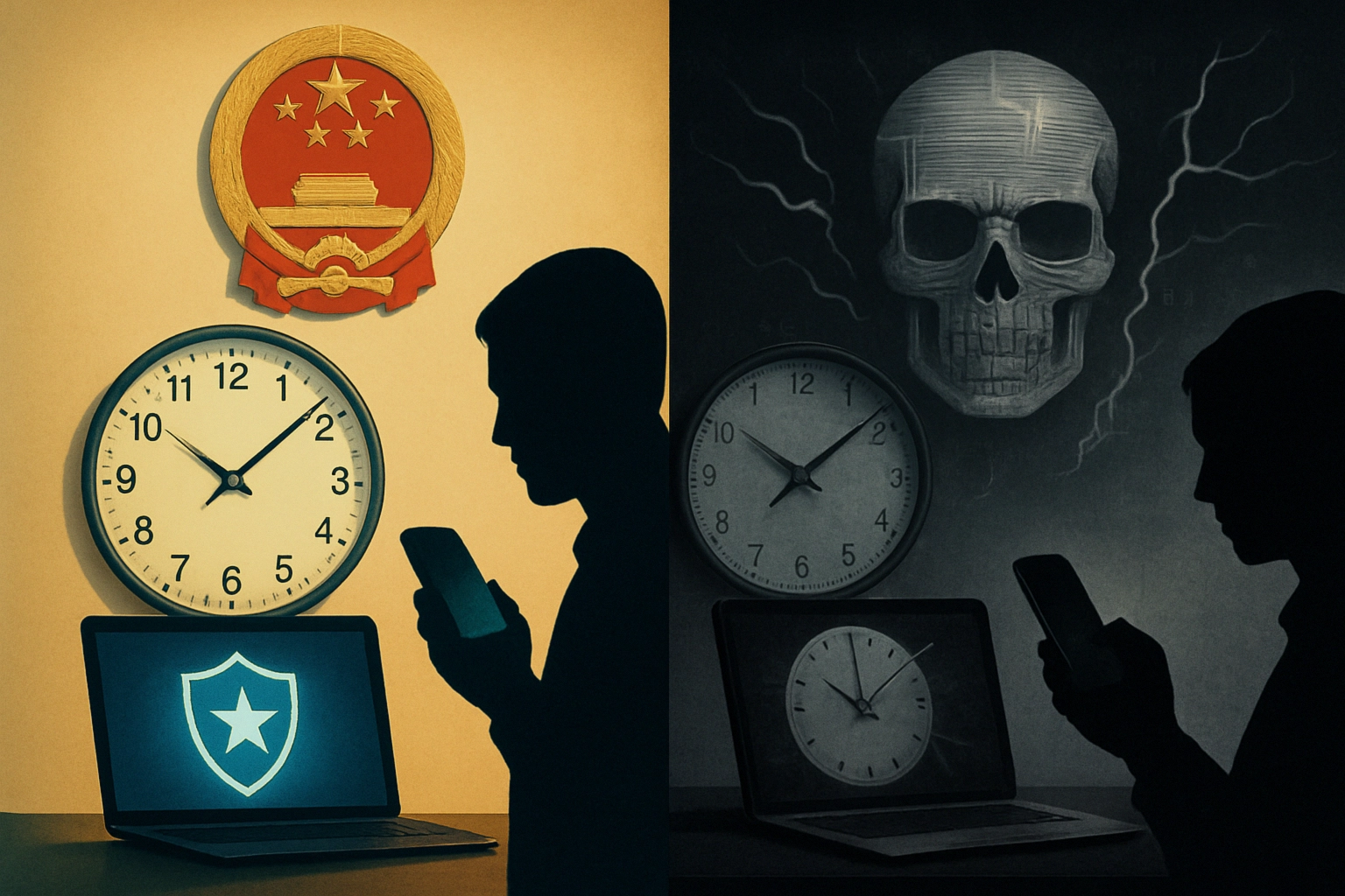 Кібератака на Національний центр служби часу Китаю: що відомо і як захистити синхронізацію Концептуальна сцена, що показує контраст між безпекою та загрозою.