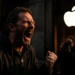 Man screaming passionately outside an Apple store during an evening event.