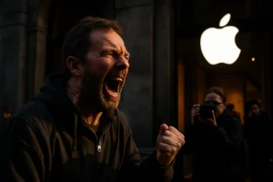 Чоловік у чорному светрі голосно кричить на фоні логотипу Apple.
