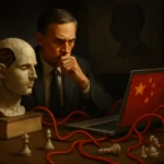 Мужчина в костюме, задумчиво глядящий на ноутбук с китайским флагом.