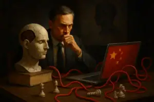 Мужчина в костюме, задумчиво глядящий на ноутбук с китайским флагом.