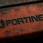 Close-up of a rusted Fortinet logo on a metallic surface with a textured finish.