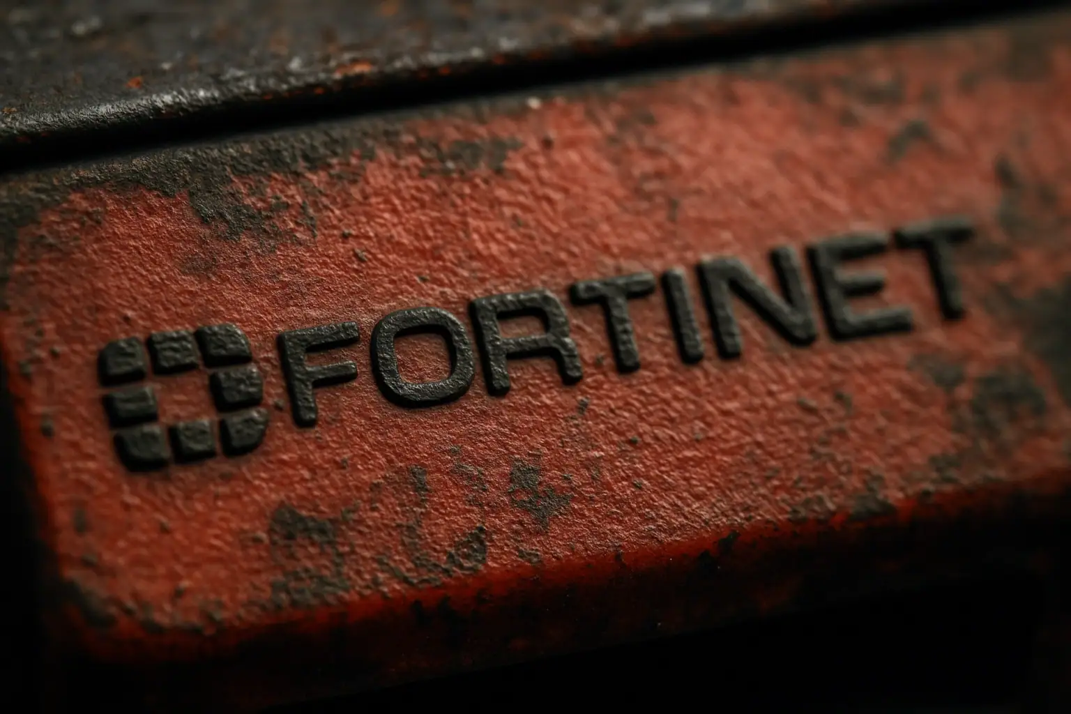 Логотип Fortinet на ржавом фоне, акцент на текстуре и деталях.