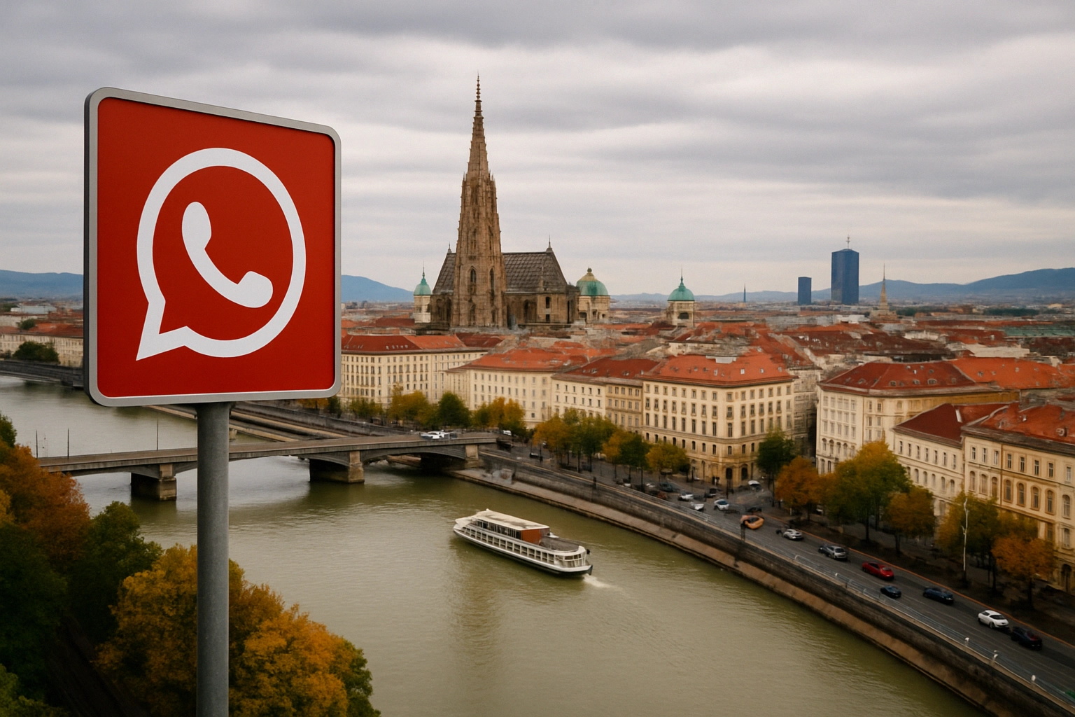 Знак WhatsApp на фоне исторической архитектуры и реки.
