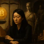 Жінка сидить за столом, розглядаючи золоту монету Bitcoin на фоні правосуддя.