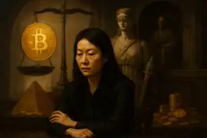 Frau mit ernstem Ausdruck sitzt vor Wagschale und Bitcoin-Symbol.