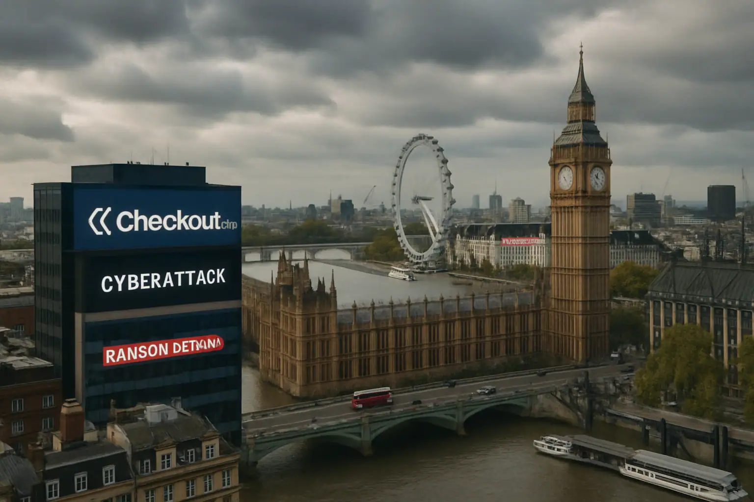 London skyline with landmarks and a cyberattack message displayed prominently.