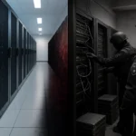 ** Security personnel inspecting a high-tech server room with dark atmosphere.