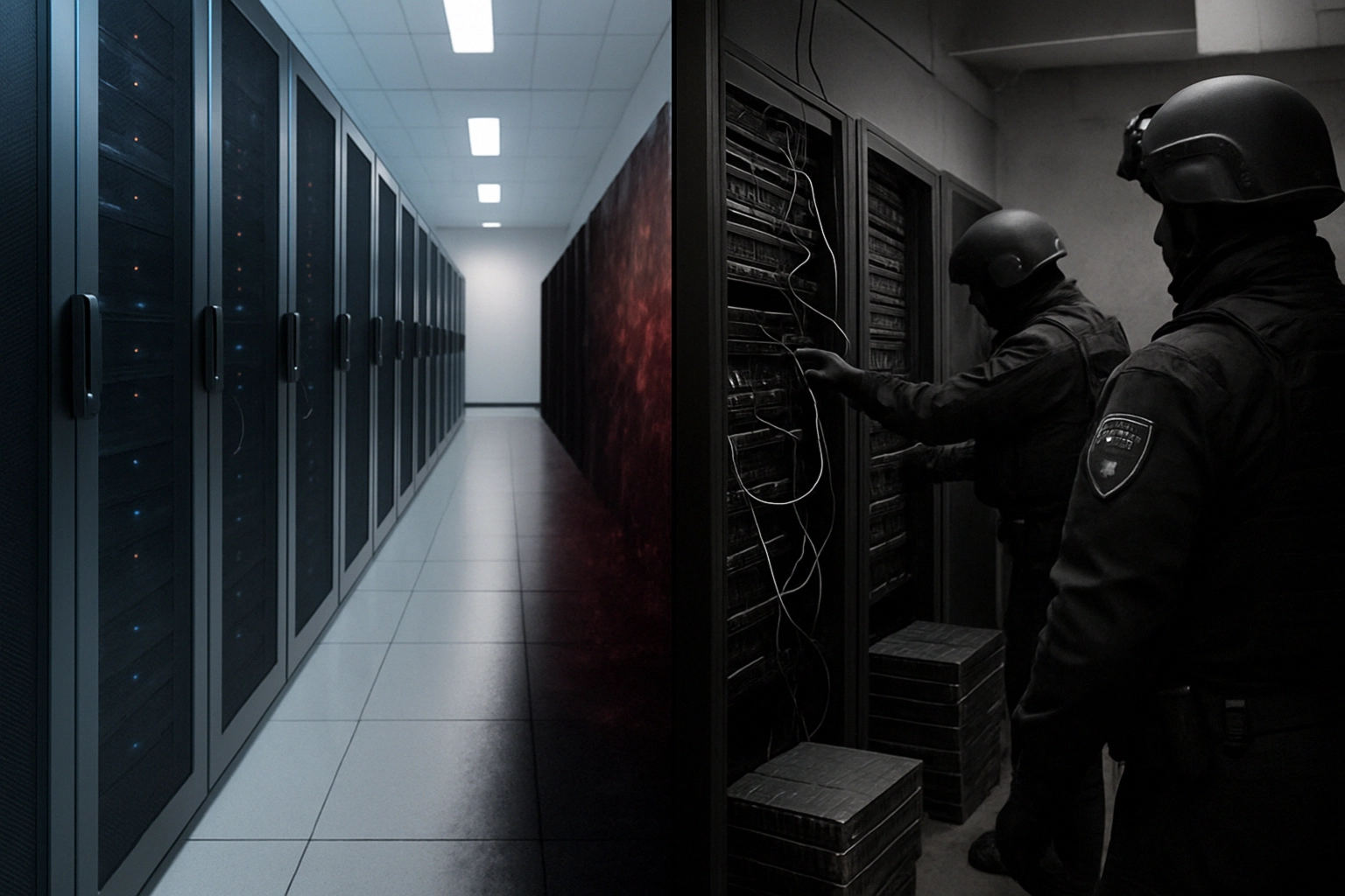 Sicherheitskräfte inspizieren Serverräume mit verdächtigen Geräten.
