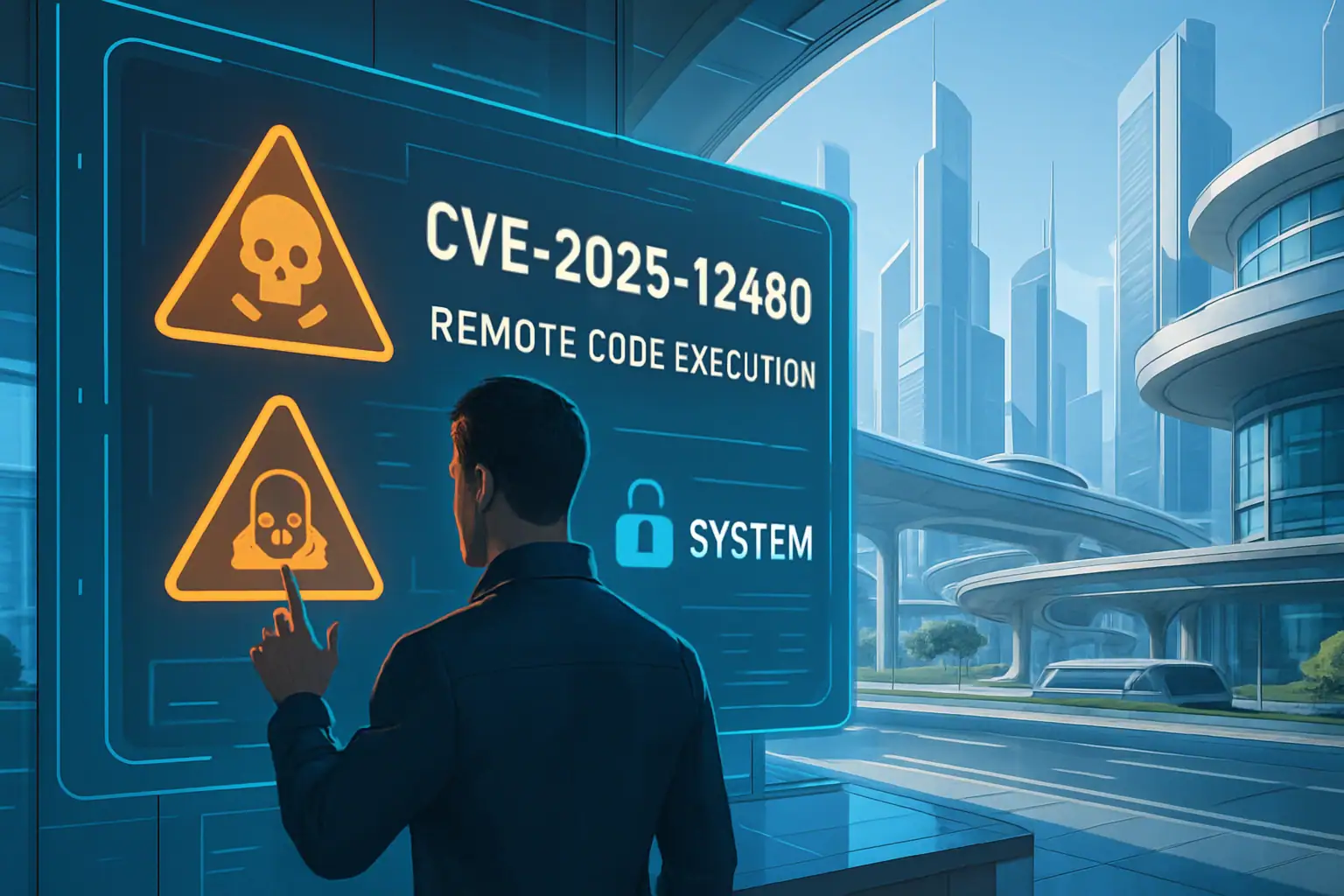 Человек взаимодействует с экраном, отображающим угрозу удаленного кода.