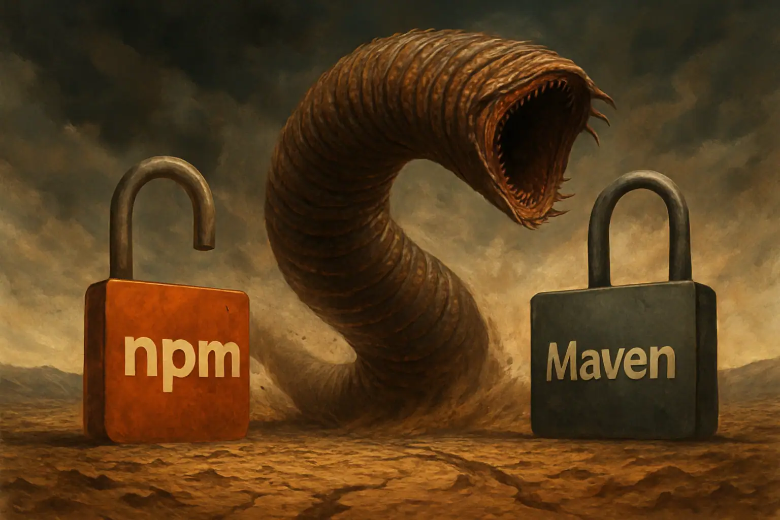 Riesiger Wurm erhebt sich zwischen zwei Vorhängeschlössern mit "npm" und "Maven".