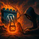Хакер за ноутбуком рядом с замком и логотипом WordPress на фоне огня.