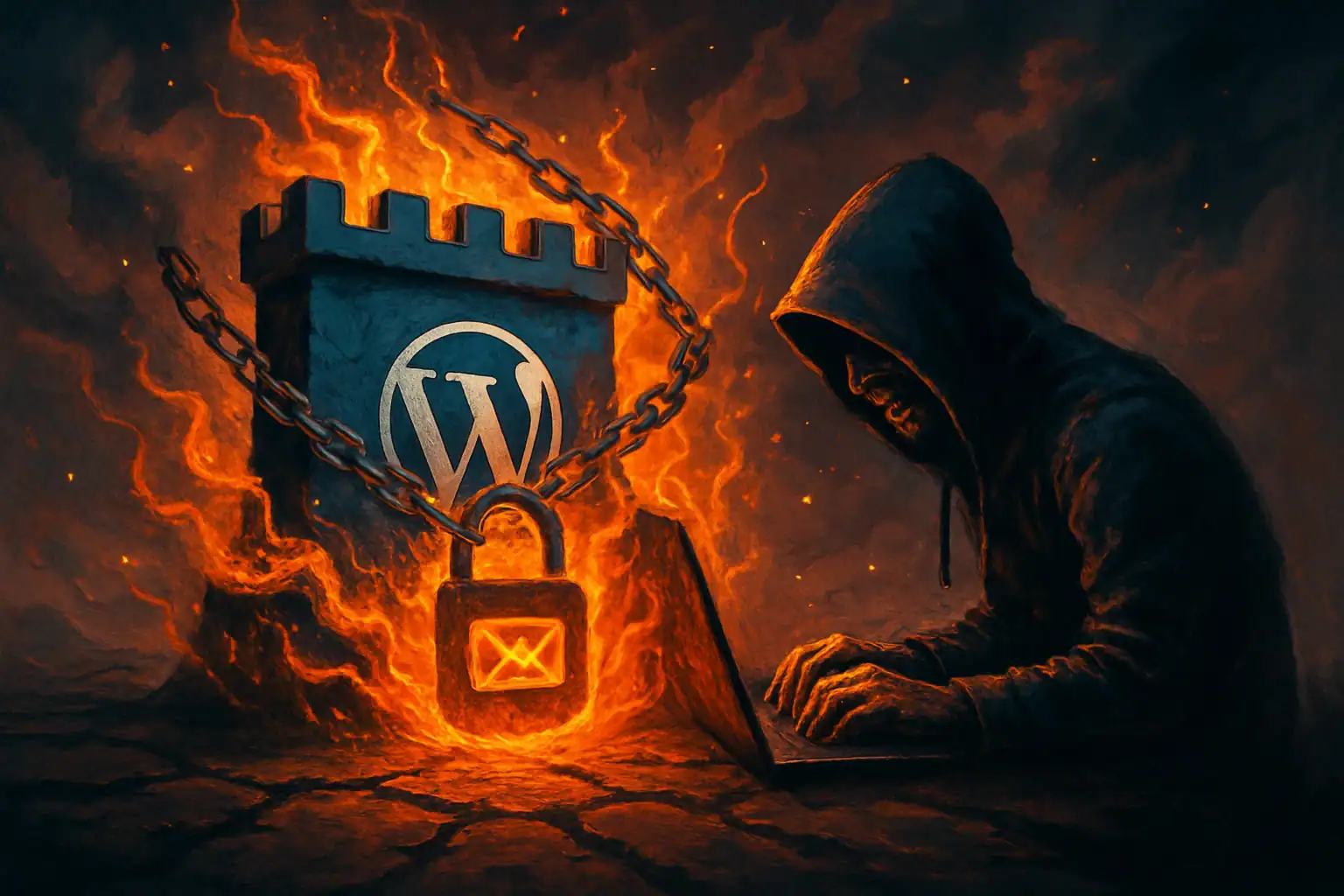 ** Hooded figure typing on a laptop with a locked WordPress symbol and fiery background.