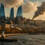 Панорама города с современными зданиями и летающими птицами на фоне реки.