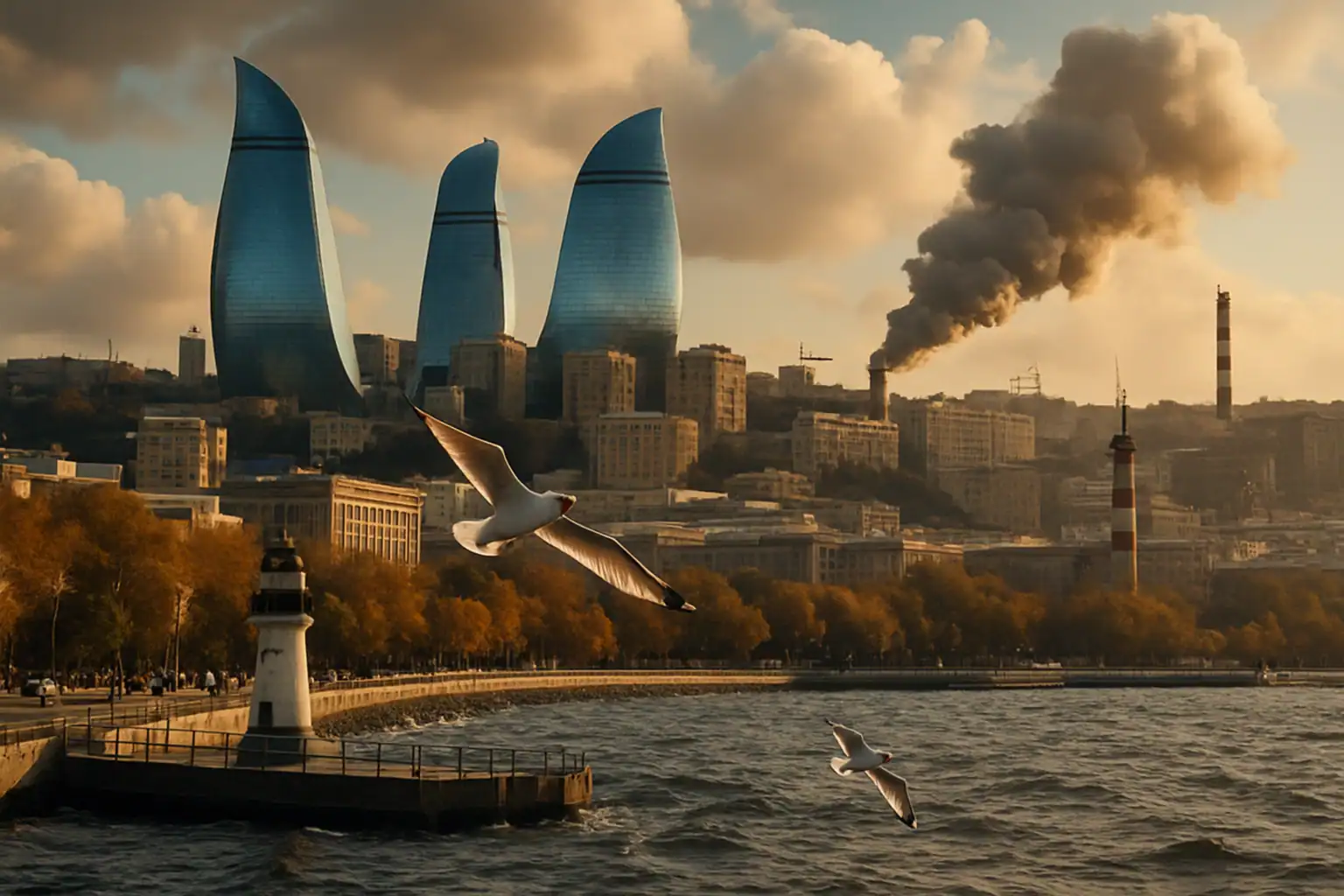 Seagulls flying over the waterfront with modern buildings in the background.