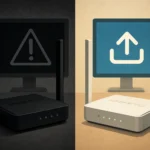 Два маршрутизатора на контрастном фоне, один с тревожным знаком, другой с символом загрузки.