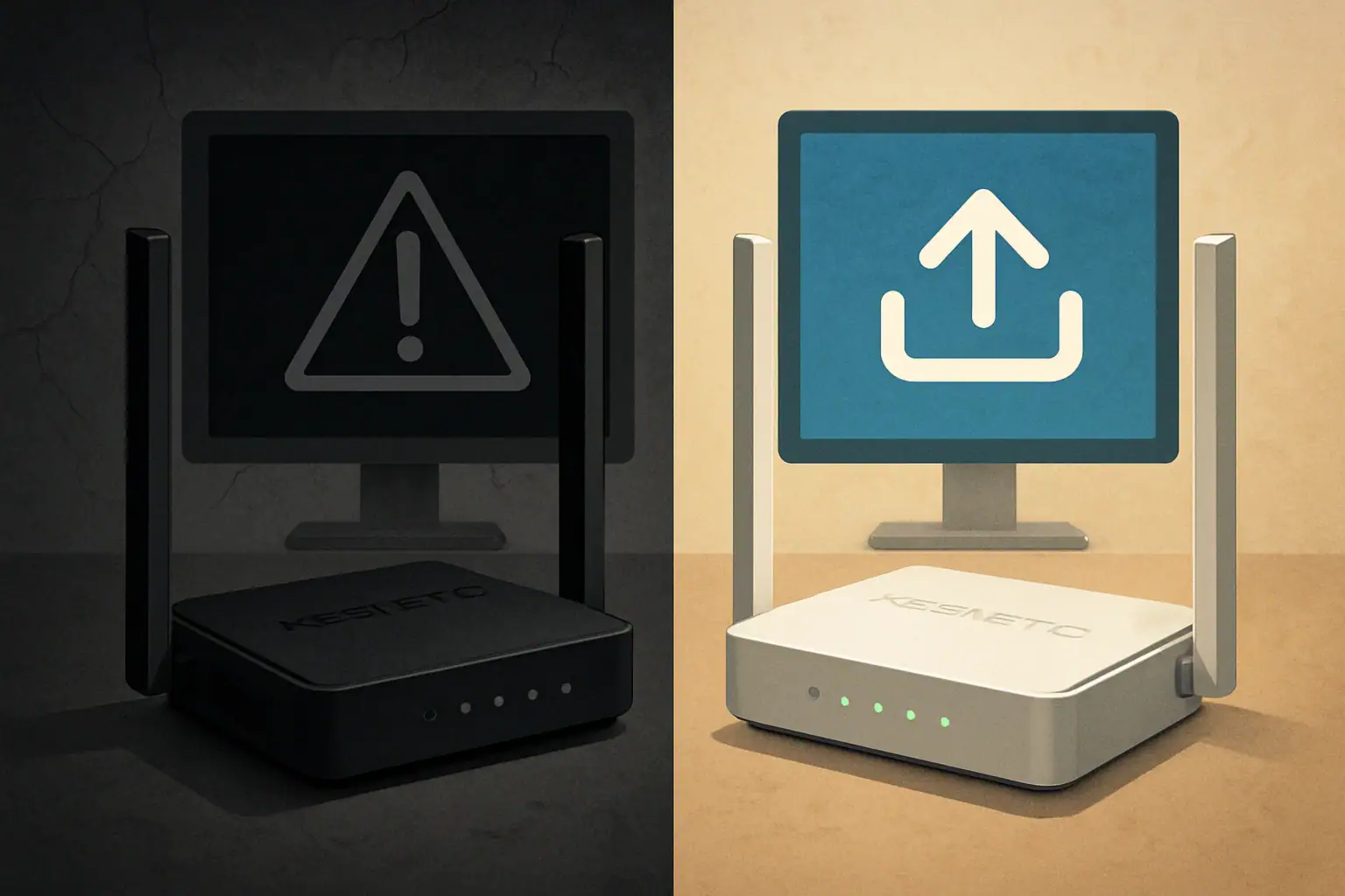 Router with screens displaying warning and upload symbols in contrasting colors.