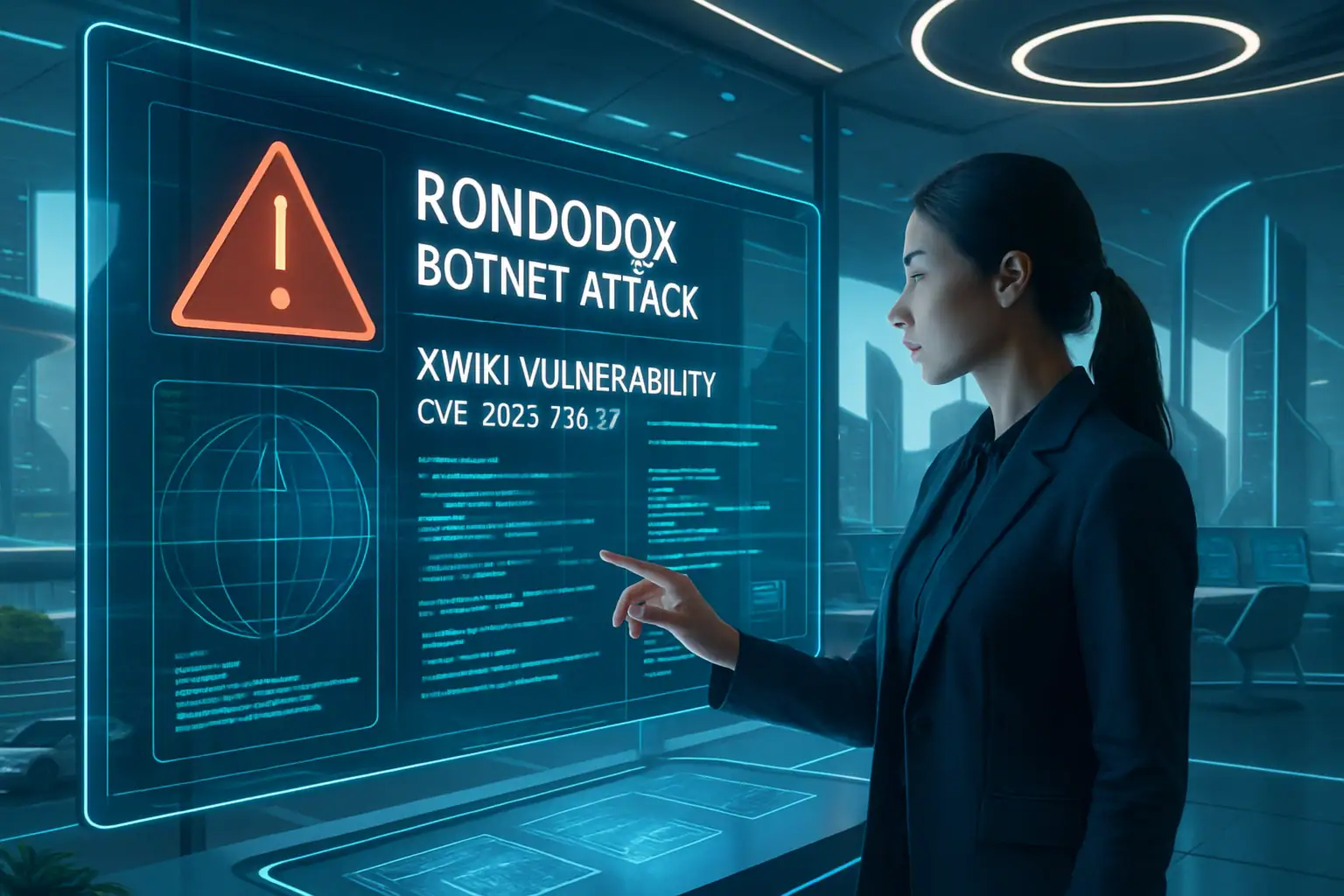 Frau in Anzug untersucht Warnmeldung zu Botnet-Angriff an futuristischem Bildschirm.