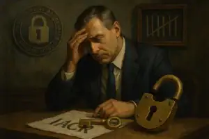 Nachdenklicher Mann mit Schlüssel vor einer verschlossenen Box auf einem Tisch.