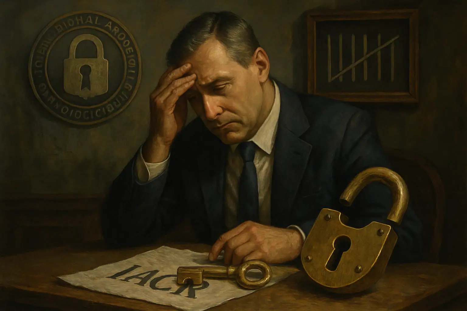 Мужчина в костюме, задумчиво смотрит на ключ и замок на столе.