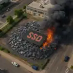 Палаючий майданчик із написом "SSD" на фоні чорного диму.