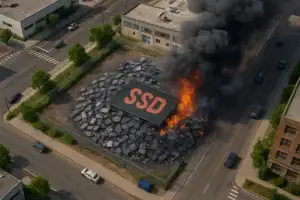 Brennende Fläche mit der Aufschrift "SSD" und dichten Rauchwolken.