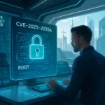 Man monitors cybersecurity data in a futuristic control center with city view.