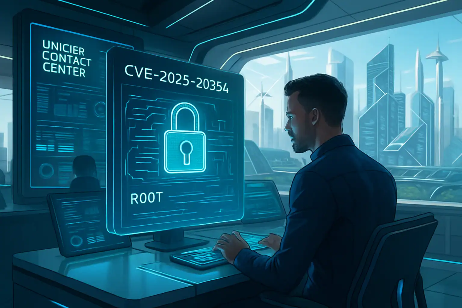 Мужчина за компьютером в высокотехнологичном офисе с экранами и пейзажем города.