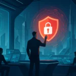 Чоловік взаємодіє з великою іконкою замка на екрані в сучасному офісі.