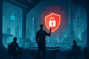 Чоловік взаємодіє з великою іконкою замка на екрані в сучасному офісі.