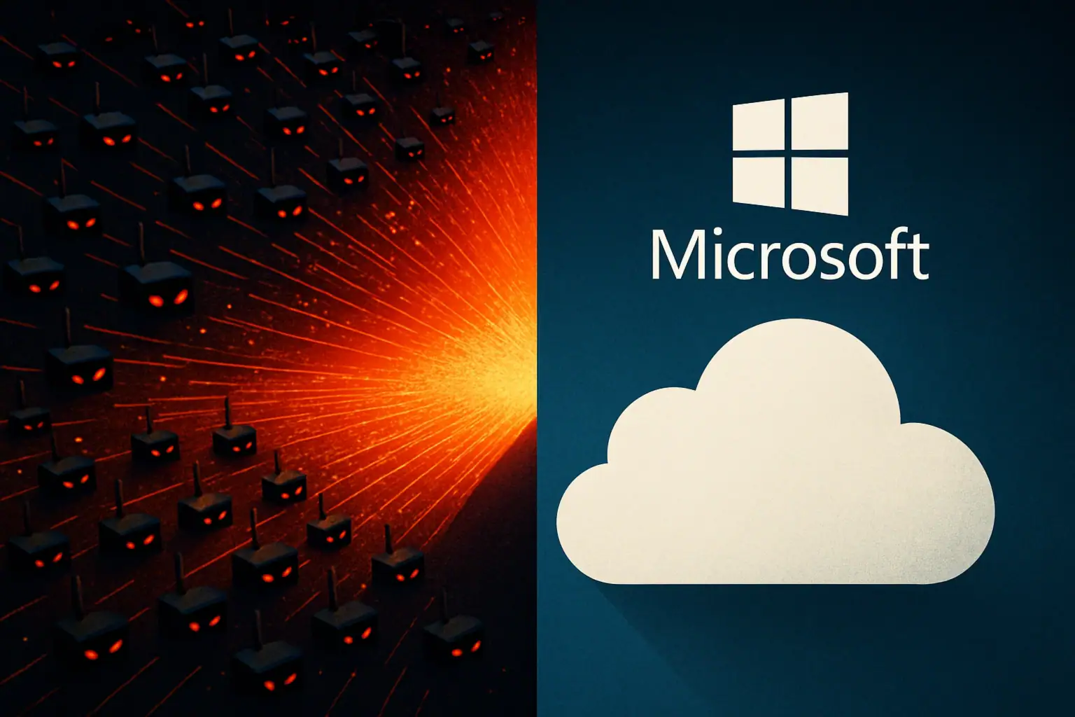 ** Diseño gráfico que contrasta tecnología oscura y nube de Microsoft.