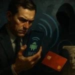Man in suit examines smartphone displaying NFC above a credit card.