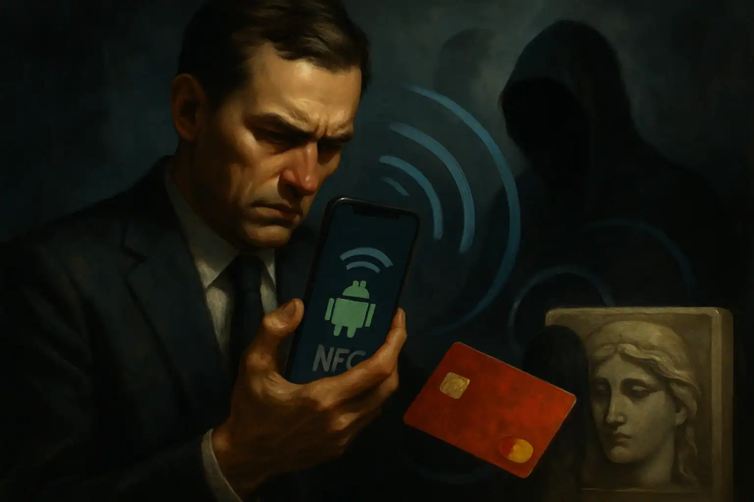 Мужчина в костюме изучает смартфон с символом NFC и банковской картой.