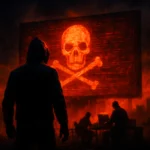 Фигура в капюшоне смотрит на экран с изображением черепа и костей.