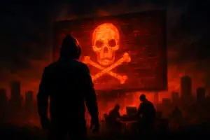 Hooded figure stands before a glowing skull sign in a dark, urban landscape.