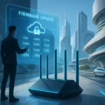 Налаштування маршрутизатора з оновленням прошивки в футуристичному місті.