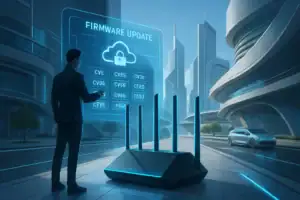 Man interacting with a futuristic router displaying a firmware update interface.