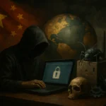 Hacker in Kapuzenpulli arbeitet an Laptop mit Sicherheitssymbol und Globus im Hintergrund.