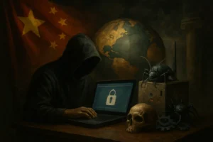 Hacker in Kapuzenpulli arbeitet an Laptop mit Sicherheitssymbol und Globus im Hintergrund.