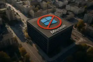 Будівля з логотипом Microsoft і забороненим знаком зверху.