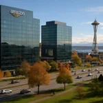 Amazon headquarters near the Space Needle with autumn foliage and clear skies.