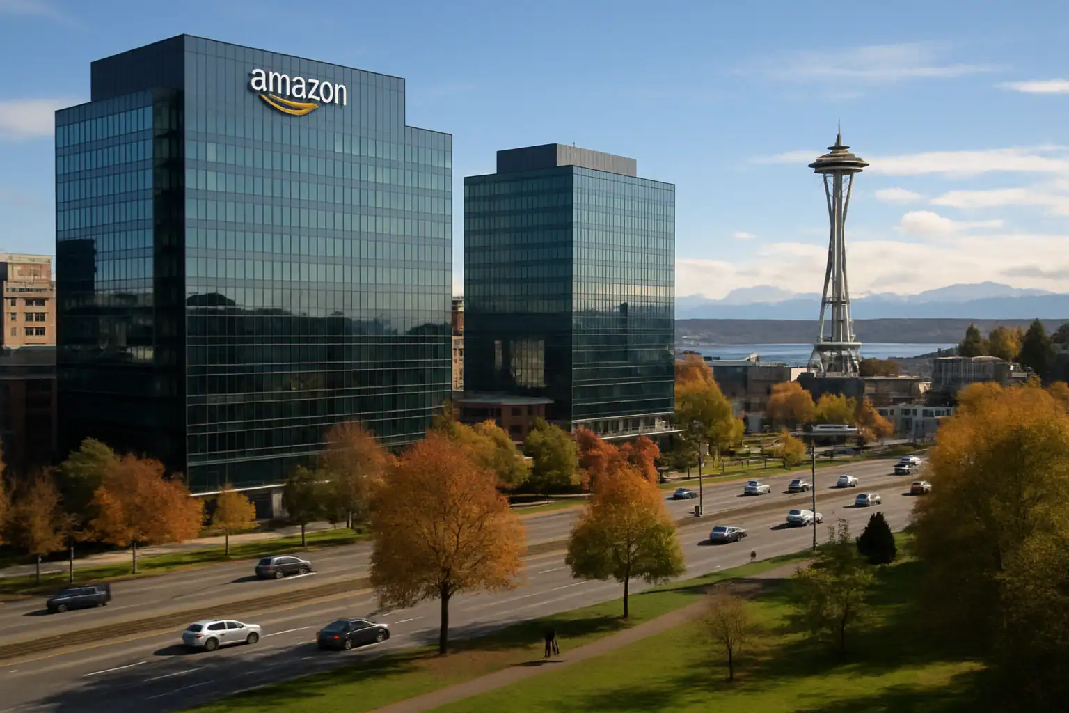 Современные здания Amazon с осенними деревьями и Спейс-Нидлом на фоне.