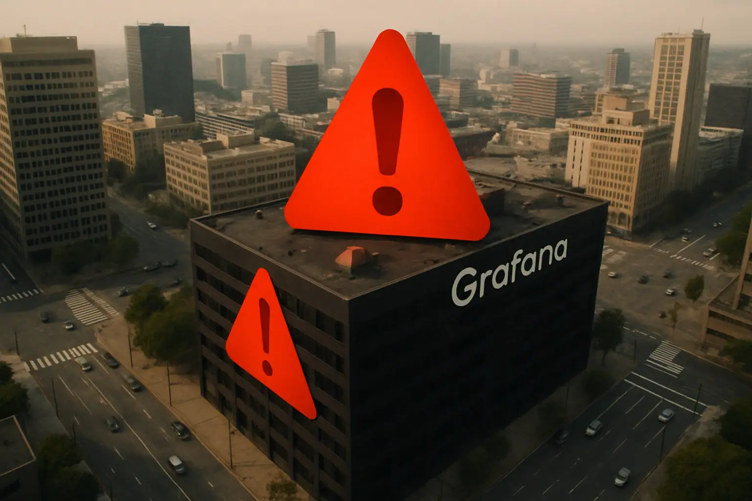 Large warning signs on a building with the name "Grafana" visible.
