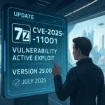 Man reviewing a digital display about software vulnerability in a futuristic setting.