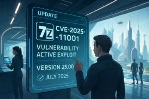 Man reviewing a digital display about software vulnerability in a futuristic setting.