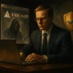 Geschäftsmann mit besorgtem Gesichtsausdruck vor Laptop, Warnung im Hintergrund.