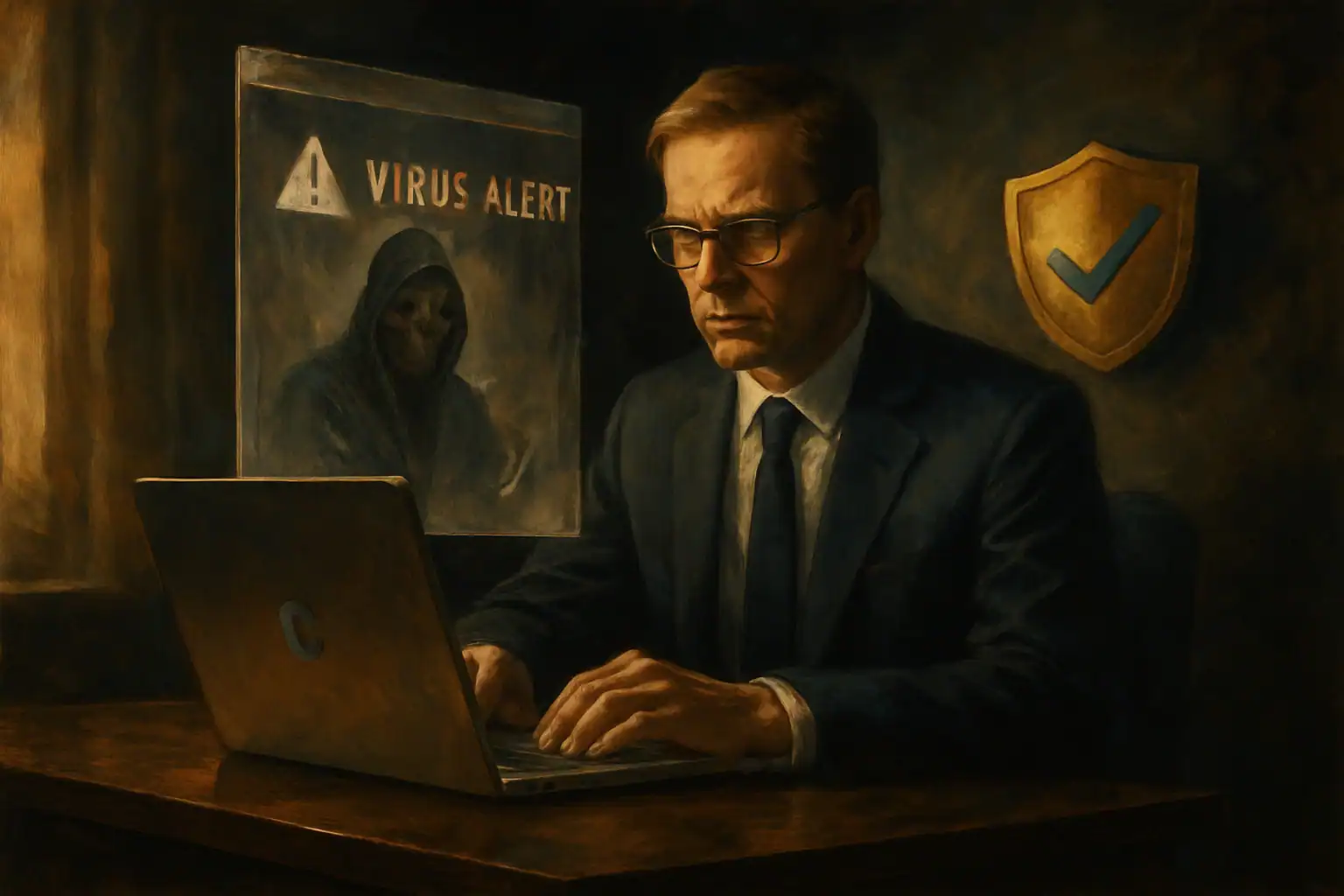 Мужчина в костюме с сосредоточенным выражением за ноутбуком, наблюдающим за предупреждением о вирусе.