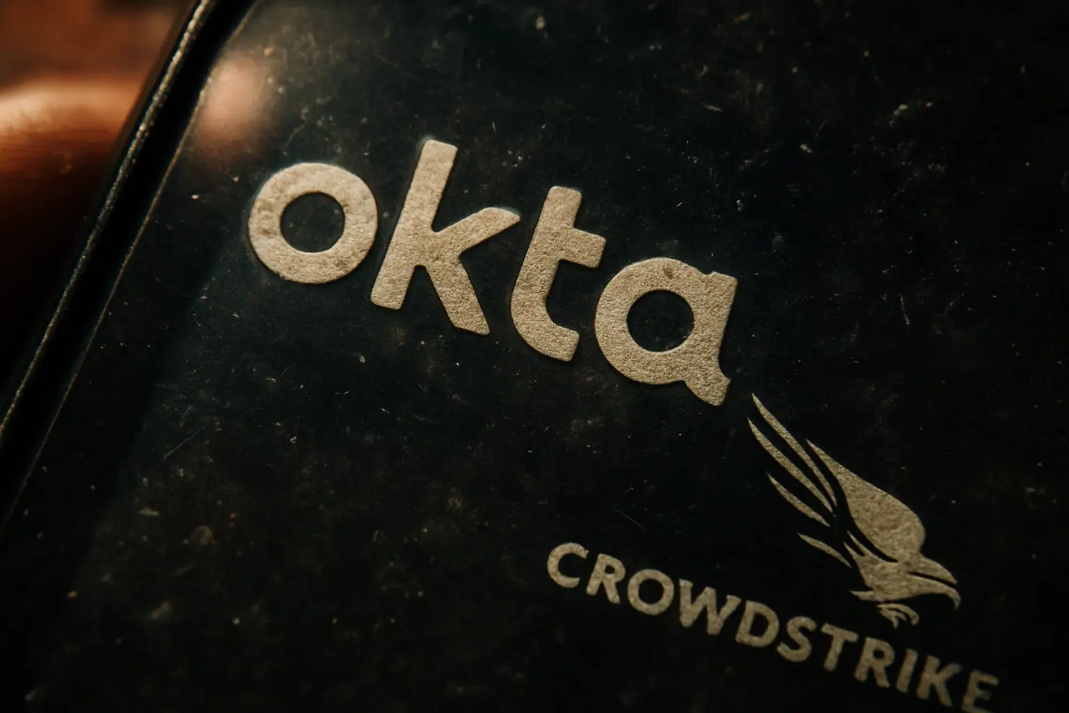 Logo von Okta und CrowdStrike auf einer unebenen Oberfläche.